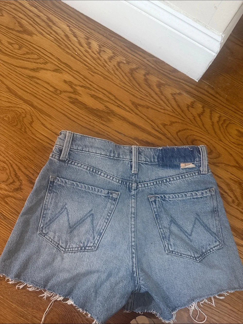 MOTHER The Skipper Short Long Fray Jeans in Light Blue Denim
